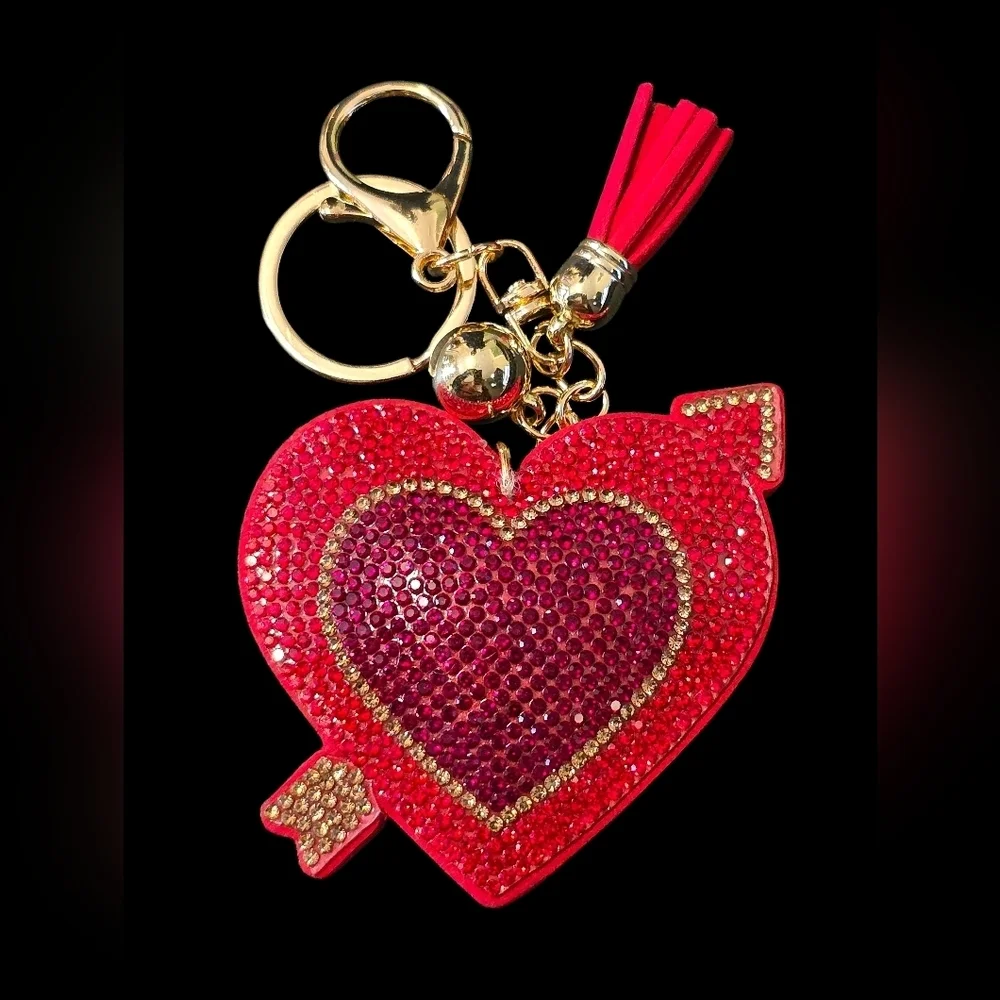 Heart-Shaped Red Bag Charm Keychain with Gold Accents